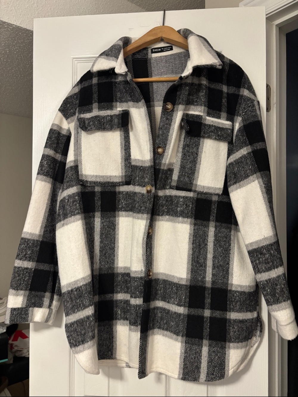 SHEIN Black & White Plaid Button Shacket